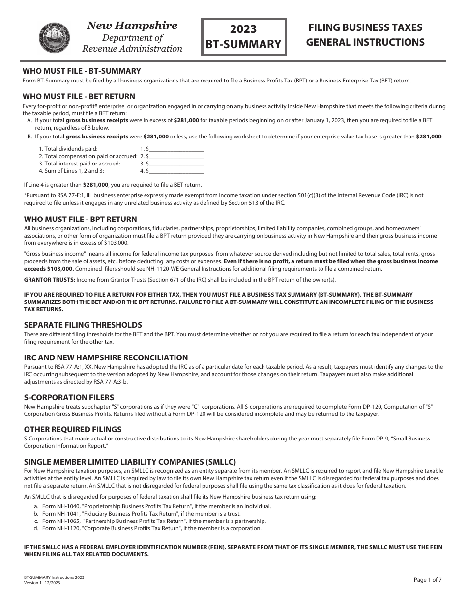 Instructions for Form BT-SUMMARY Business Tax Return Summary - New Hampshire, Page 1