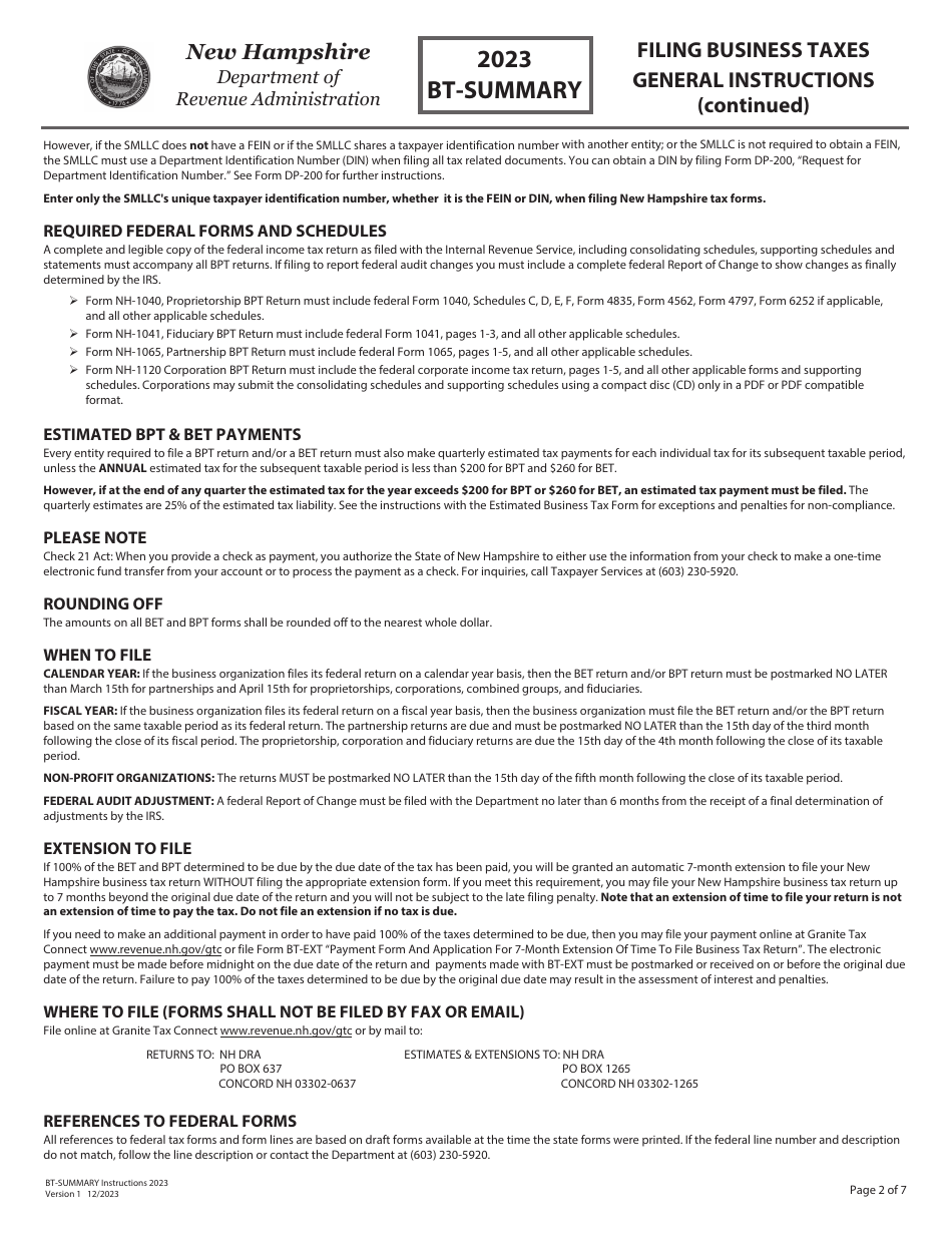 Instructions for Form BT-SUMMARY Business Tax Return Summary - New Hampshire, Page 2