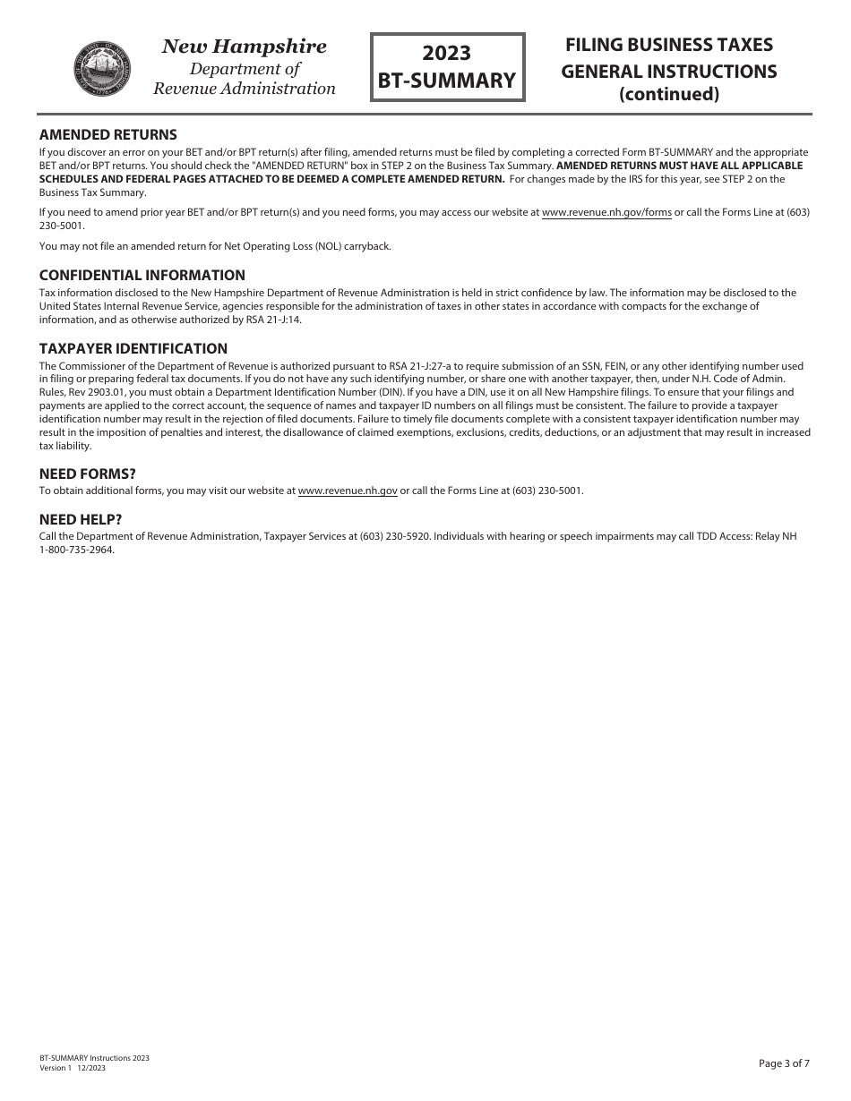 Instructions for Form BT-SUMMARY Business Tax Return Summary - New Hampshire, Page 3