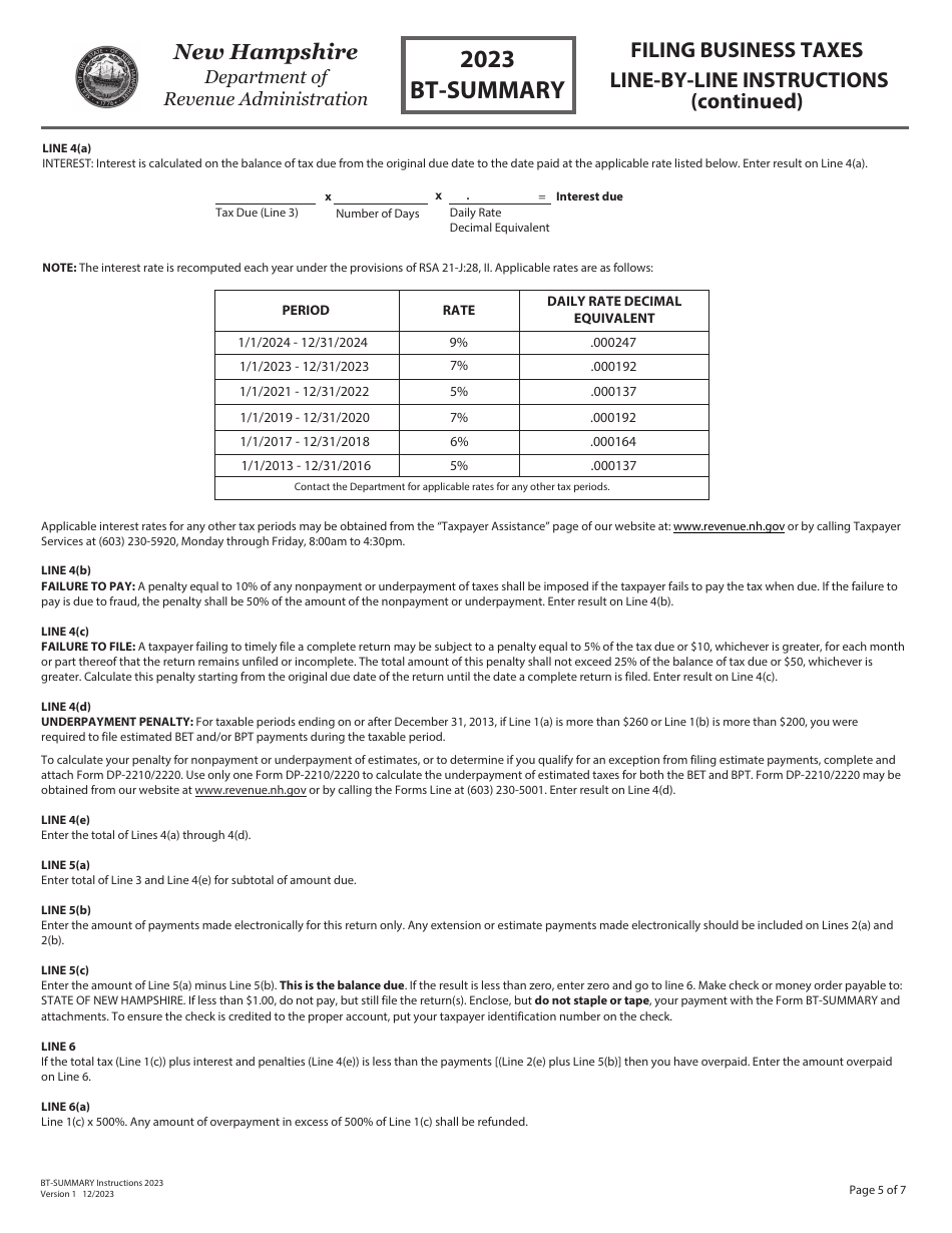 Instructions for Form BT-SUMMARY Business Tax Return Summary - New Hampshire, Page 5