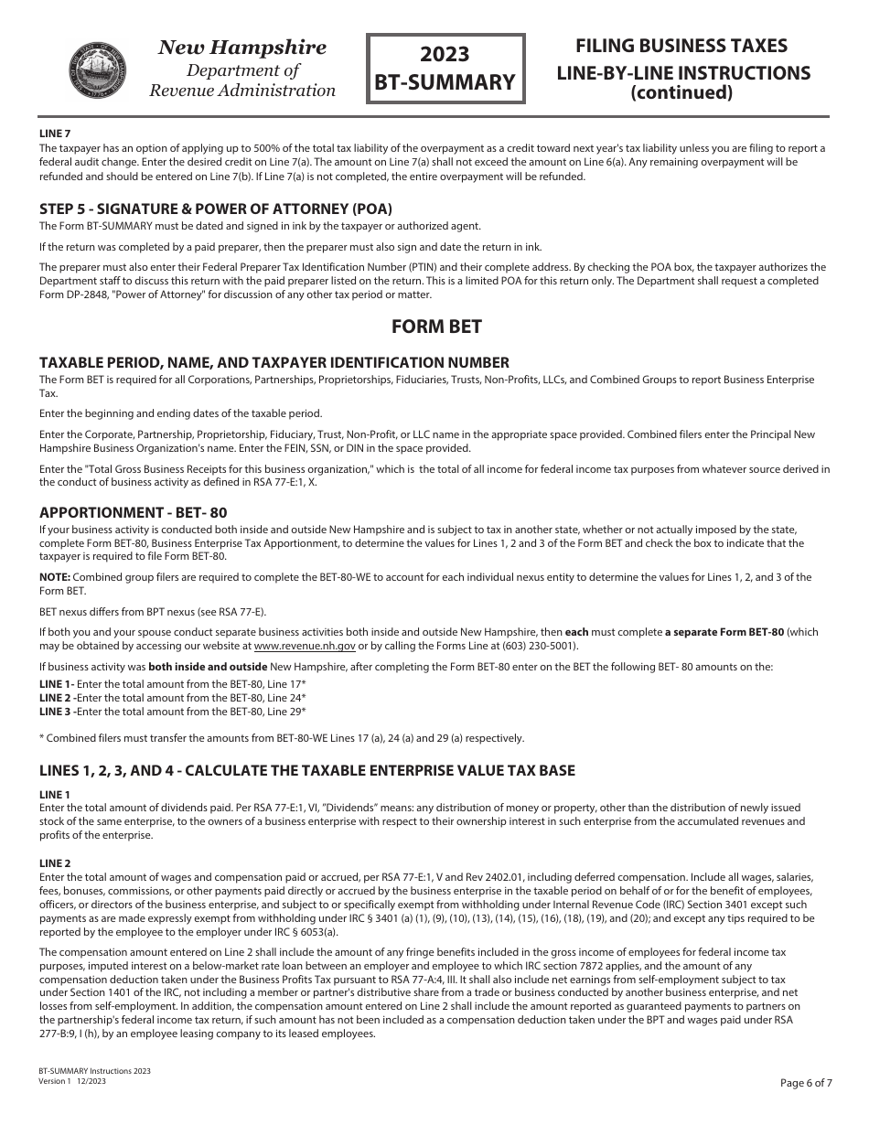 Instructions for Form BT-SUMMARY Business Tax Return Summary - New Hampshire, Page 6