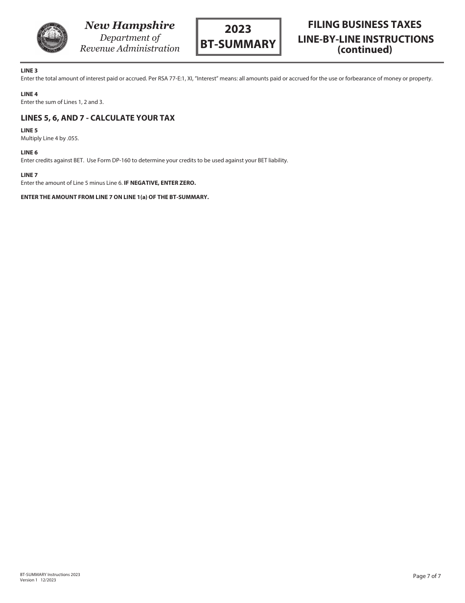 Instructions for Form BT-SUMMARY Business Tax Return Summary - New Hampshire, Page 7