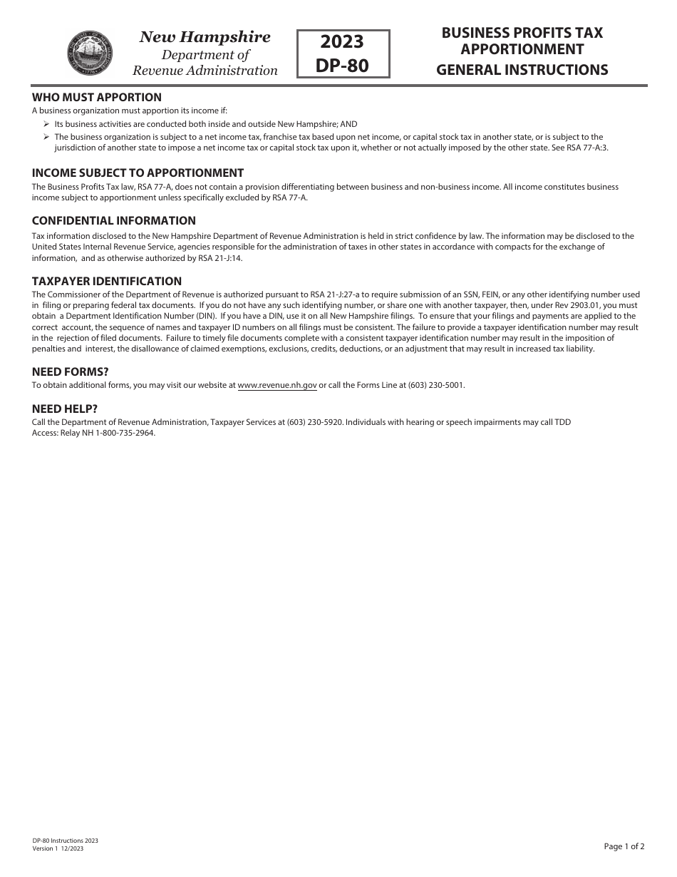 Instructions for Form DP-80 Business Profits Tax Apportionment - New Hampshire, Page 1