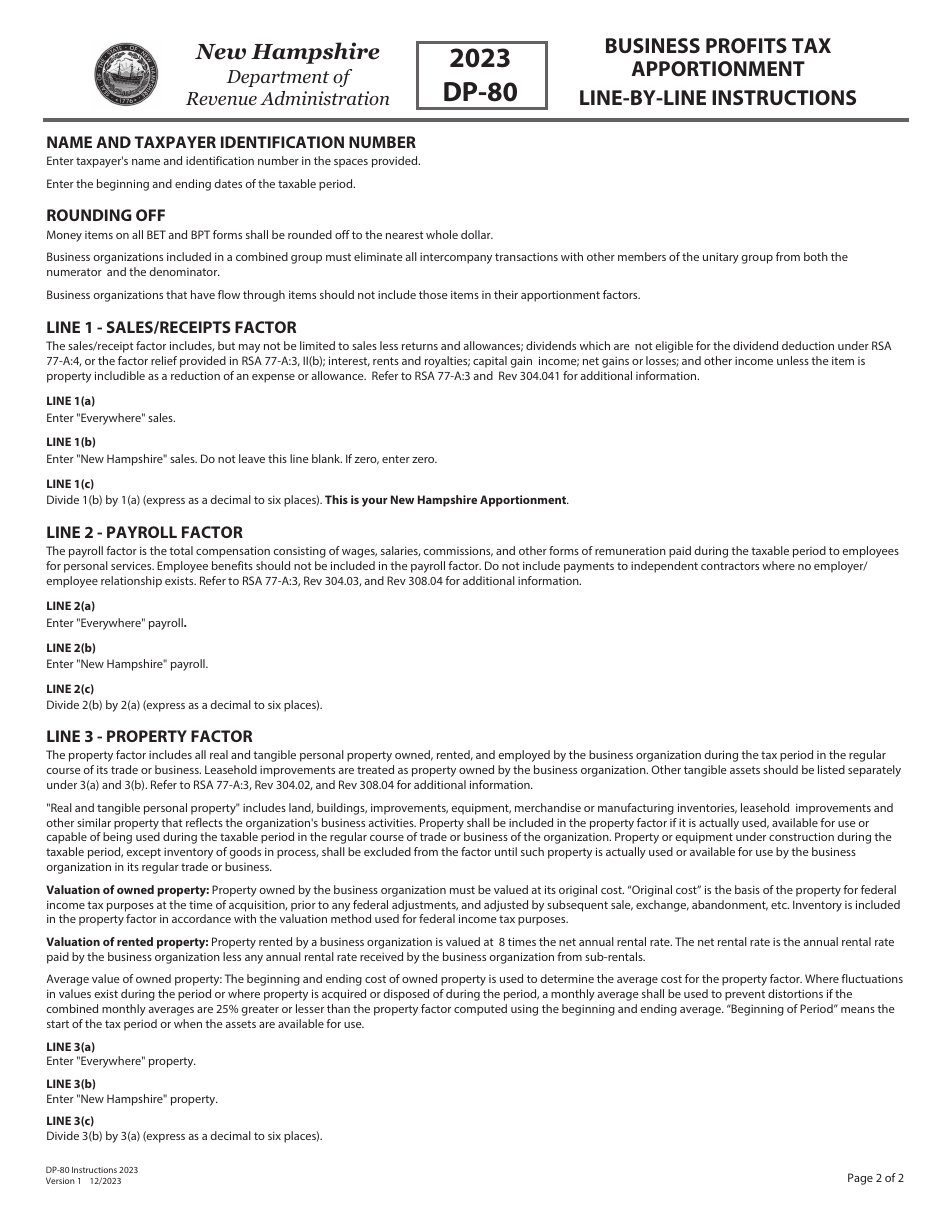 Instructions for Form DP-80 Business Profits Tax Apportionment - New Hampshire, Page 2