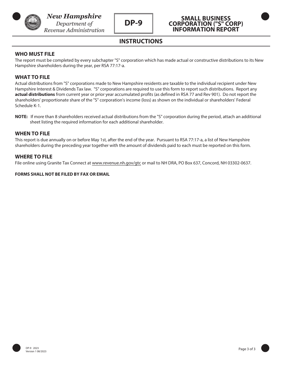Form DP-9 Small Business Corporation (s Corp) Information Report - New Hampshire, Page 3