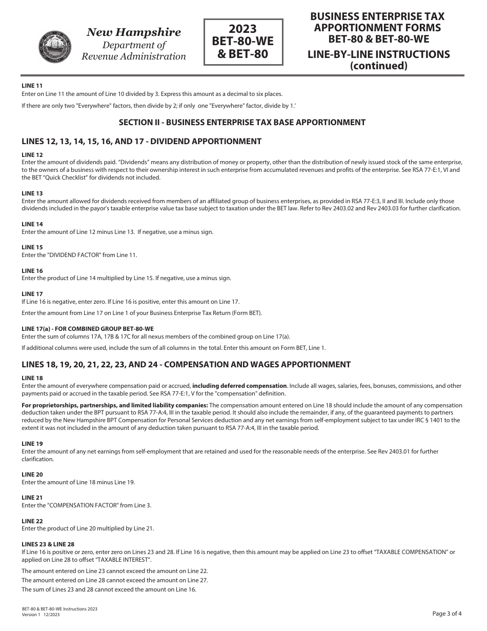 Instructions for Form BET-80-WE, BET-80 - New Hampshire, Page 3