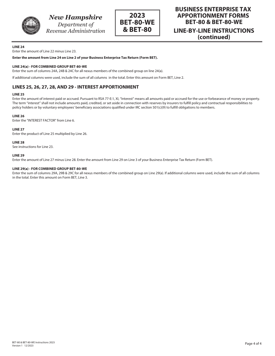 Instructions for Form BET-80-WE, BET-80 - New Hampshire, Page 4
