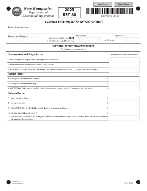 Form BET-80 Business Enterprise Tax Apportionment - New Hampshire, 2023
