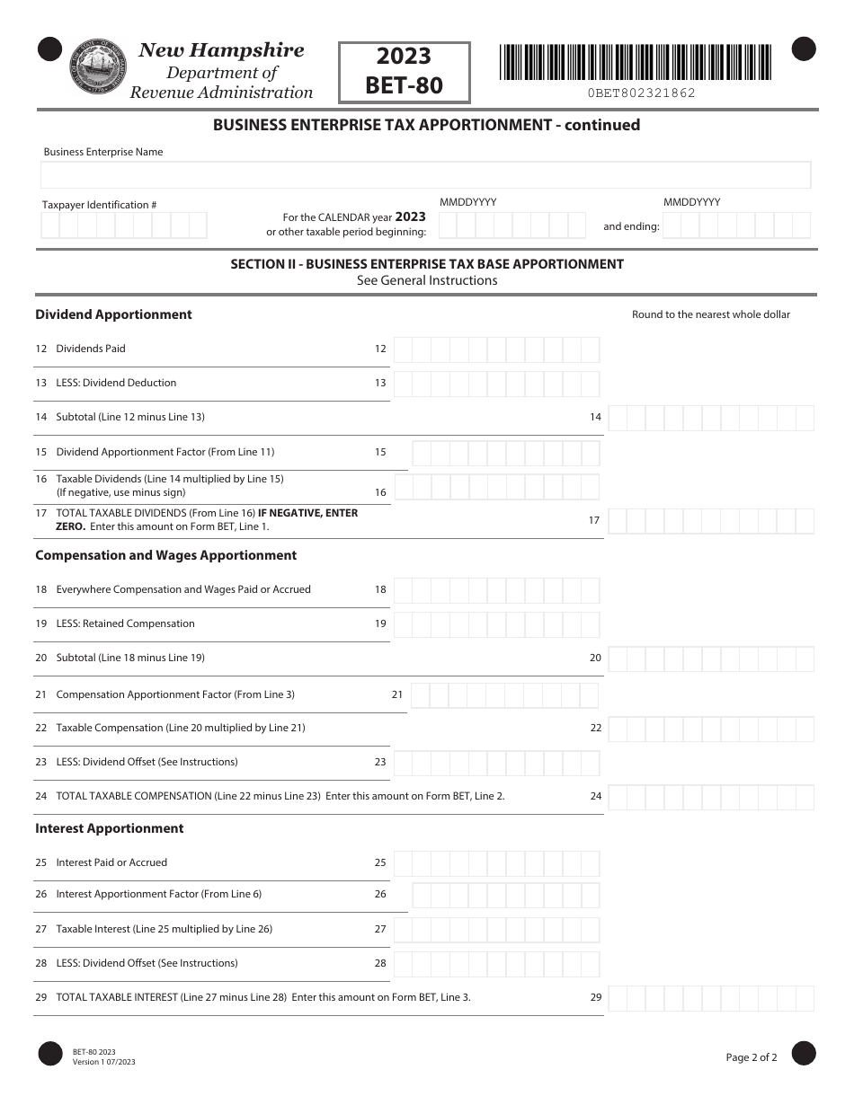 Form BET-80 Business Enterprise Tax Apportionment - New Hampshire, Page 2