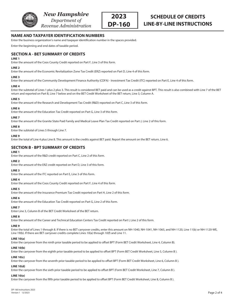 Instructions for Form DP-160 Schedule of Credits - New Hampshire, Page 2