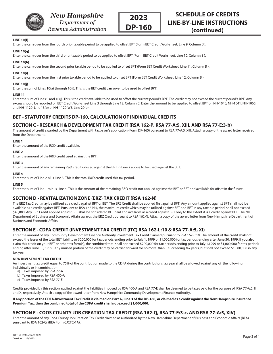 Instructions for Form DP-160 Schedule of Credits - New Hampshire, Page 3