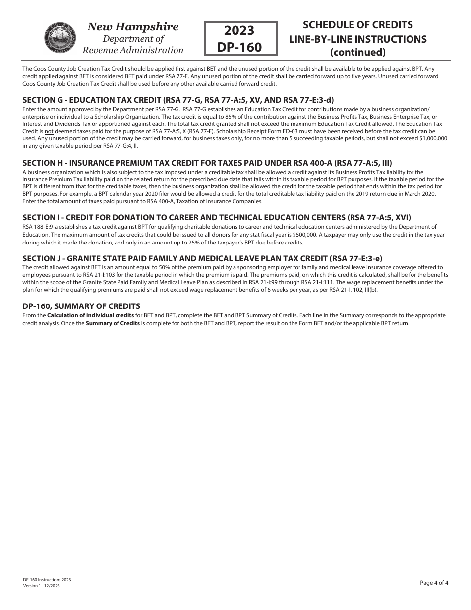 Instructions for Form DP-160 Schedule of Credits - New Hampshire, Page 4