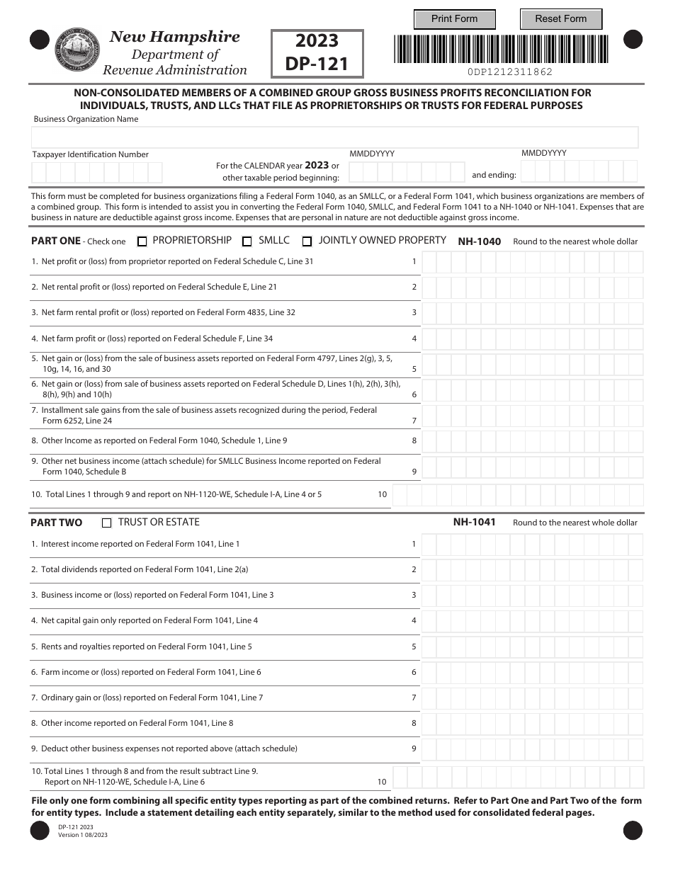 Form DP-121 Non-consolidated Members of a Combined Group Gross Business Profits Reconciliation for Individuals, Trusts, and Llcs That File as Proprietorships or Trusts for Federal Purposes - New Hampshire, Page 1