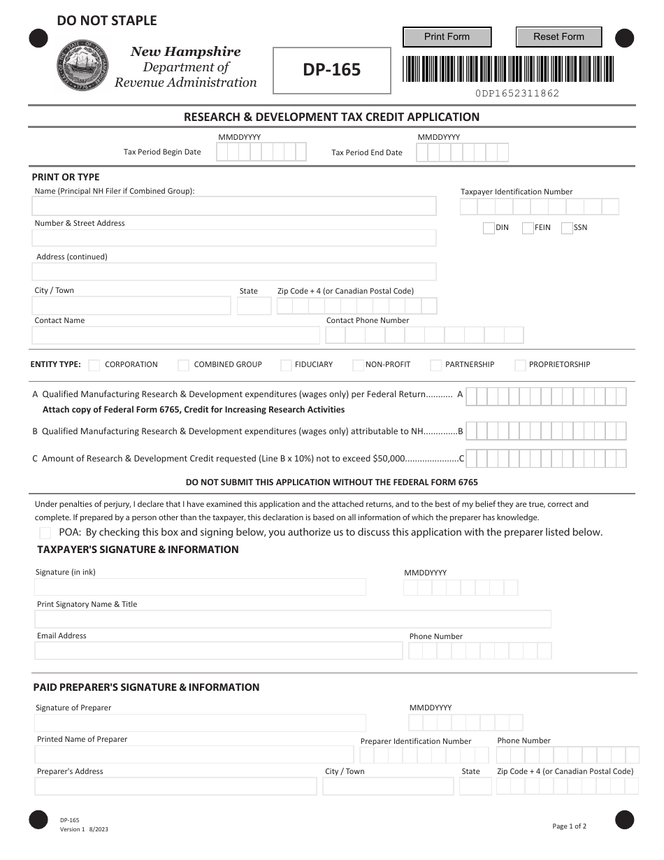Form DP-165 Research and Development Tax Credit Application - New Hampshire, Page 1