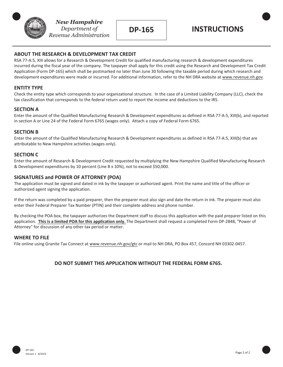 Form DP-165 Research and Development Tax Credit Application - New Hampshire, Page 2