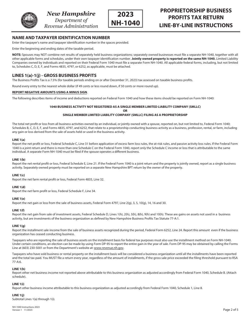 Instructions for Form NH-1040 Proprietorship Business Profits Tax Return - New Hampshire, Page 2