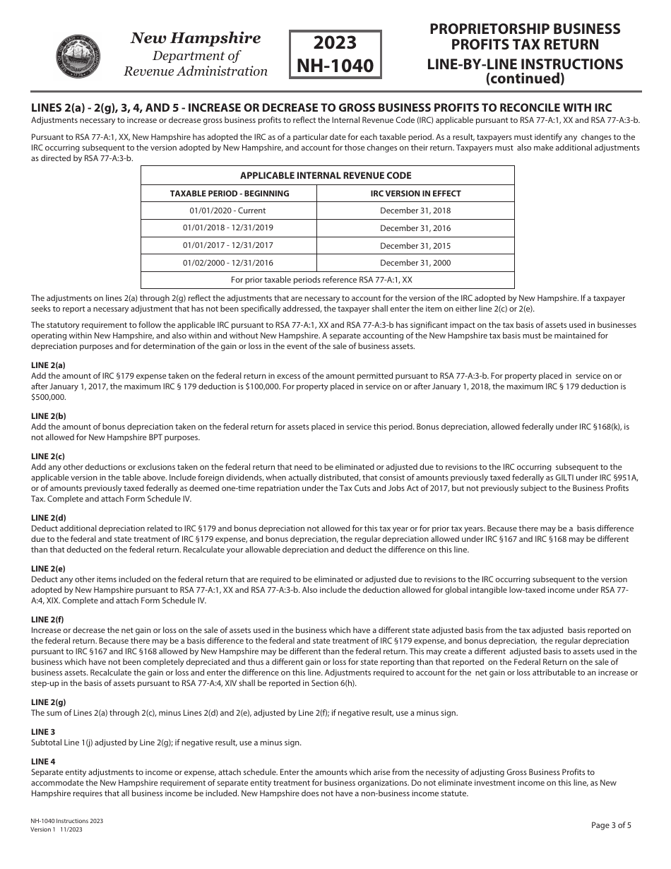Instructions for Form NH-1040 Proprietorship Business Profits Tax Return - New Hampshire, Page 3