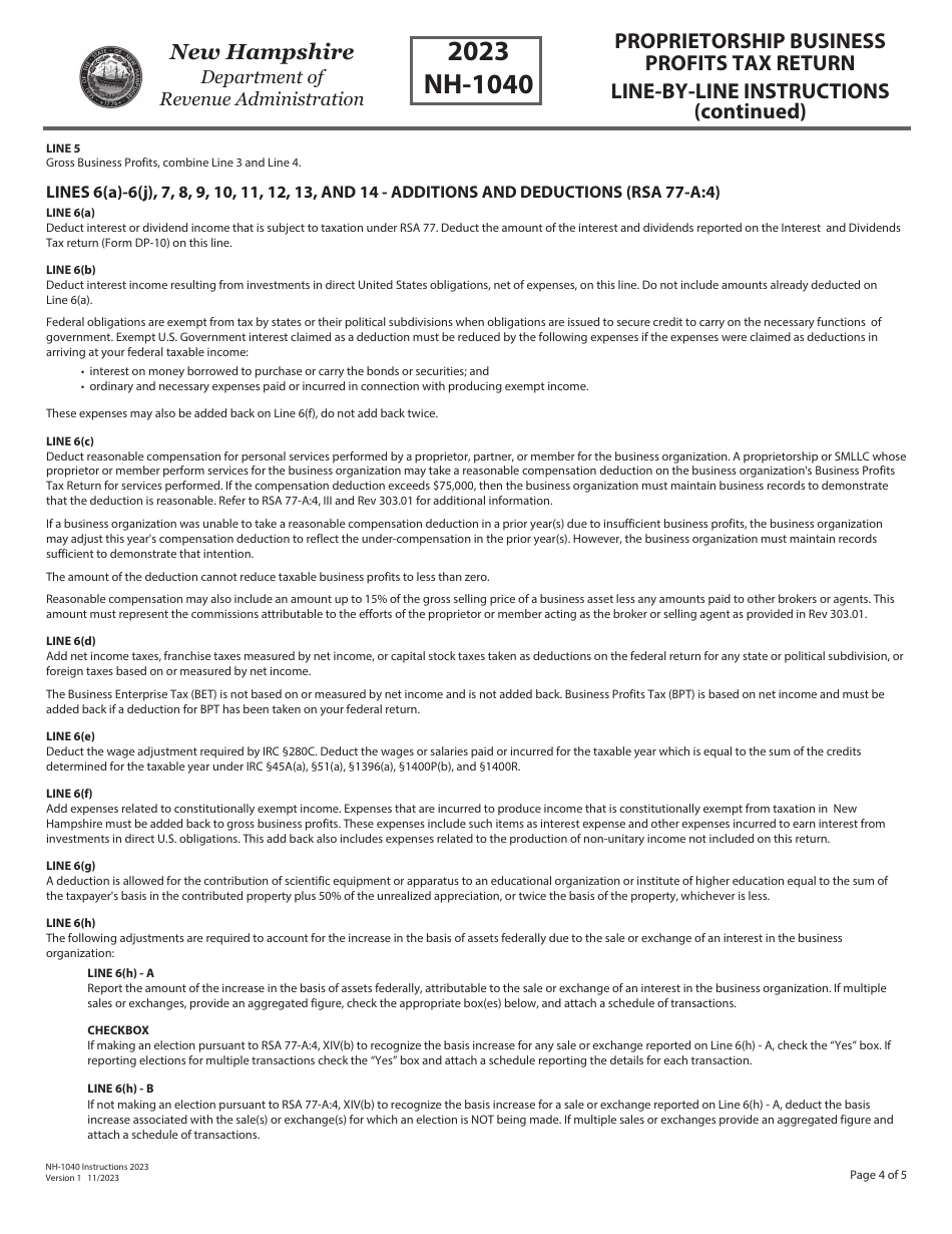 Instructions for Form NH-1040 Proprietorship Business Profits Tax Return - New Hampshire, Page 4