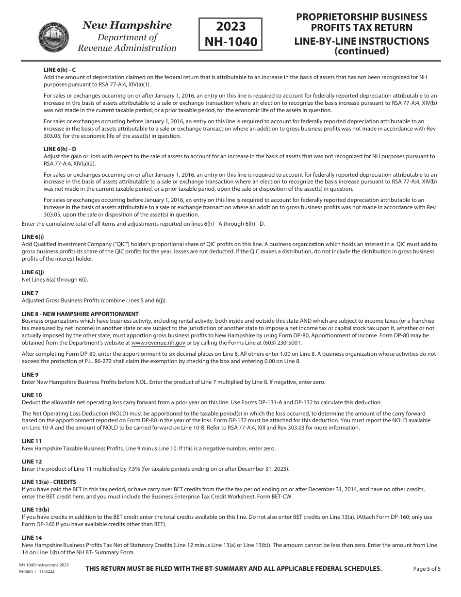 Instructions for Form NH-1040 Proprietorship Business Profits Tax Return - New Hampshire, Page 5