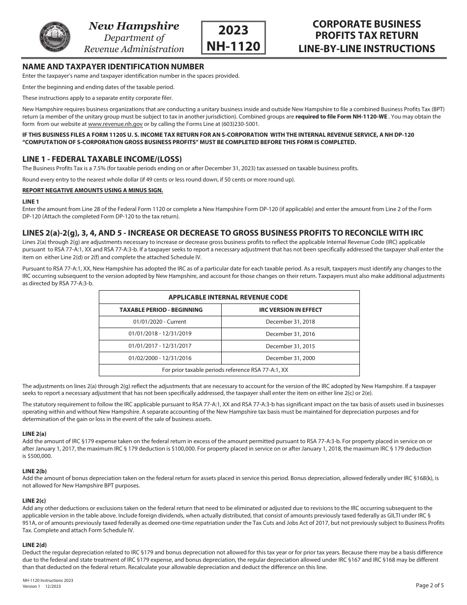 Instructions for Form NH-1120 Corporate Business Profits Tax Return - New Hampshire, Page 2