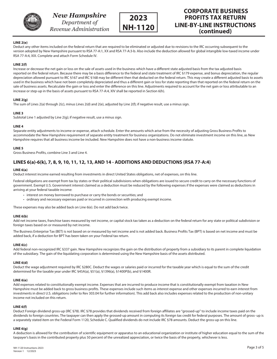 Instructions for Form NH-1120 Corporate Business Profits Tax Return - New Hampshire, Page 3
