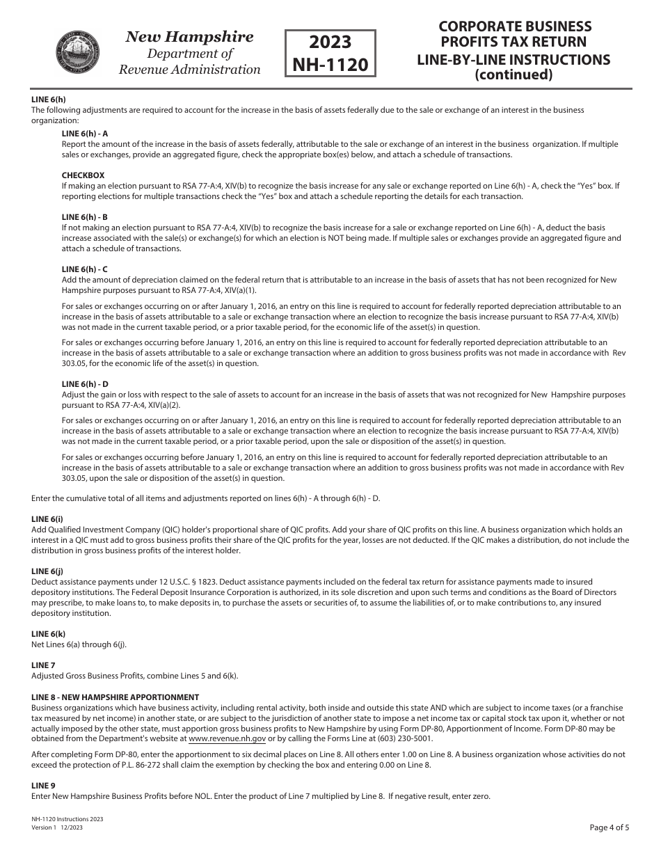 Instructions for Form NH-1120 Corporate Business Profits Tax Return - New Hampshire, Page 4