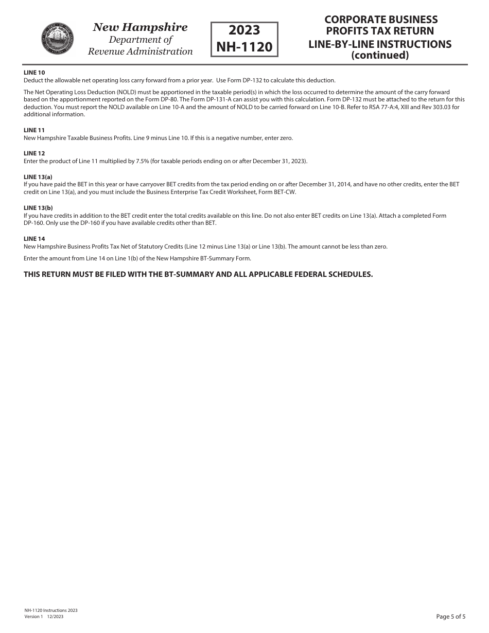 Instructions for Form NH-1120 Corporate Business Profits Tax Return - New Hampshire, Page 5
