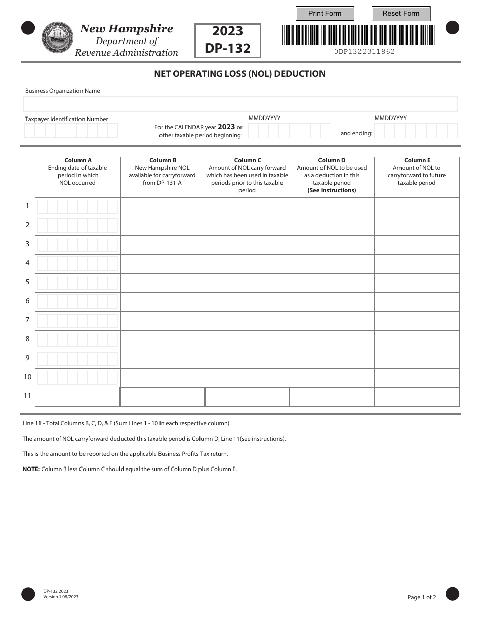 Form DP-132 Net Operating Loss (Nol) Deduction - New Hampshire, Page 1
