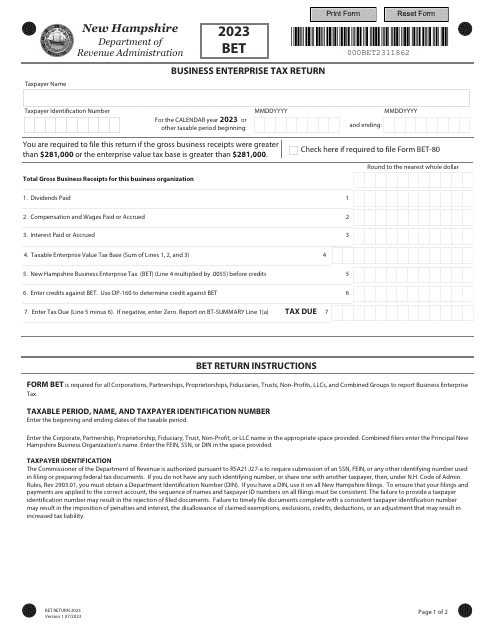 Form BET Business Enterprise Tax Return - New Hampshire, 2023