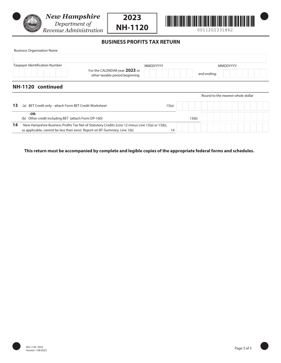 Form NH-1120 Business Profits Tax Return - New Hampshire, Page 3