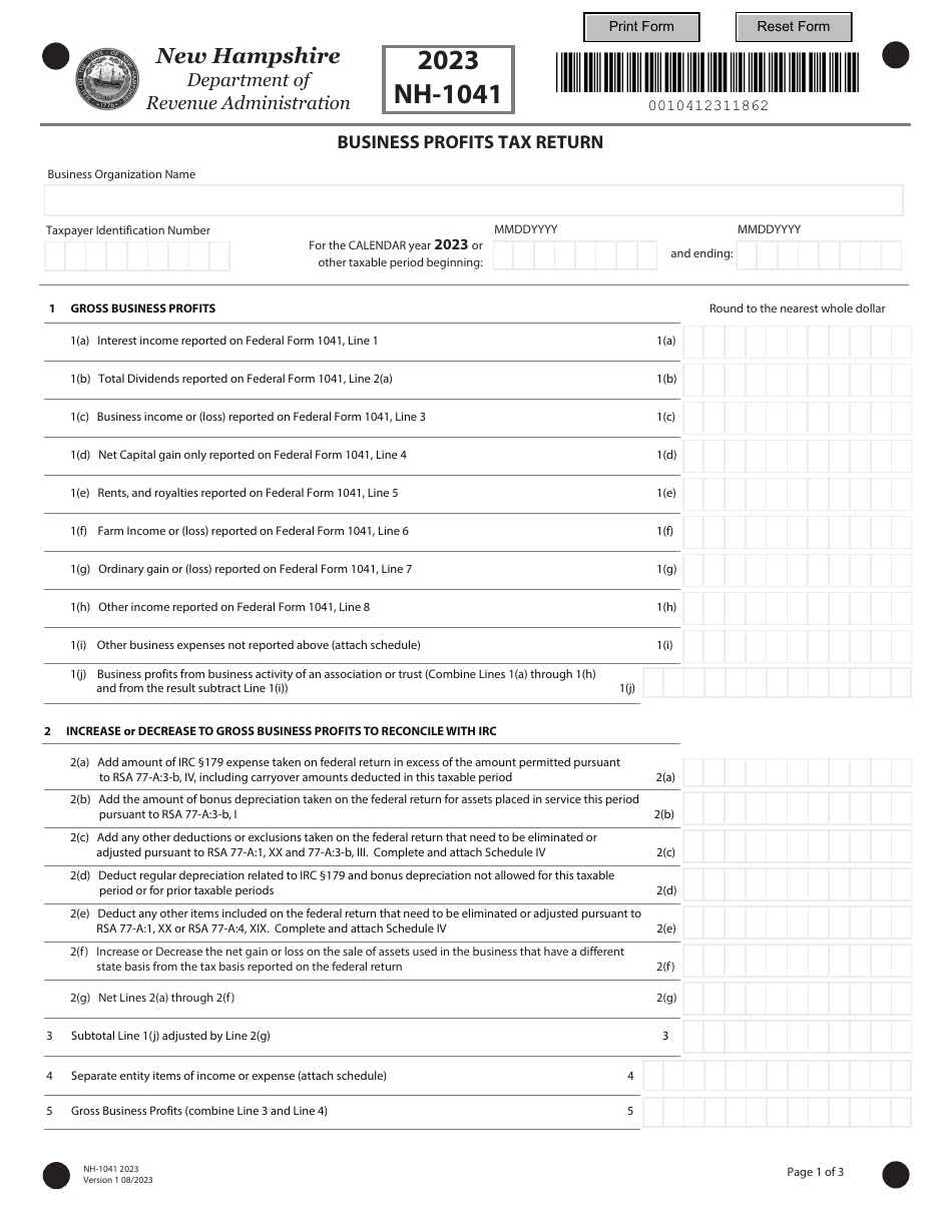 Form NH-1041 Business Profits Tax Return - New Hampshire, Page 1
