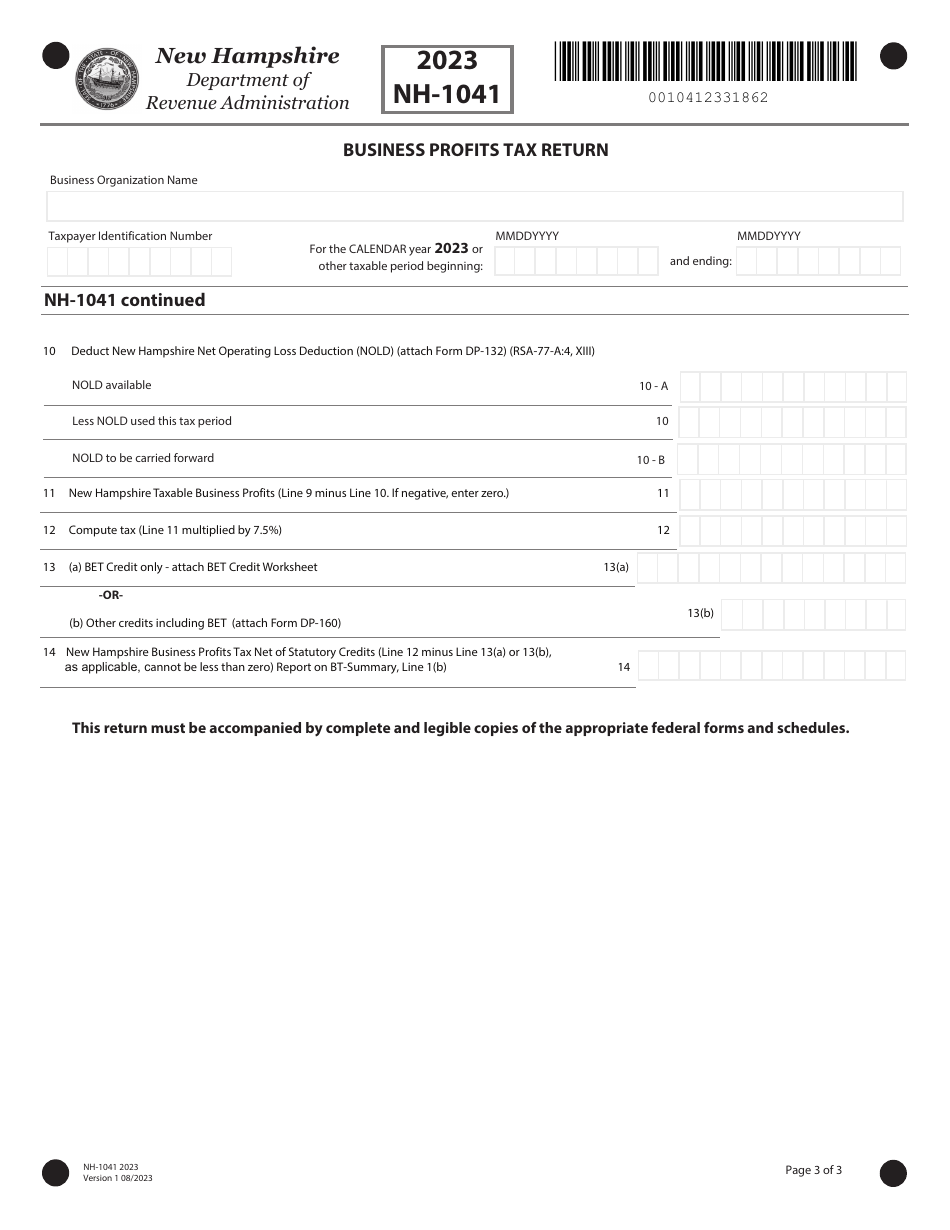 Form NH-1041 Business Profits Tax Return - New Hampshire, Page 3