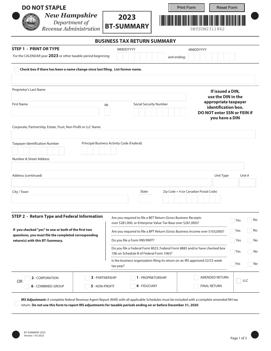 Form BT-SUMMARY Business Tax Return Summary - New Hampshire, Page 1