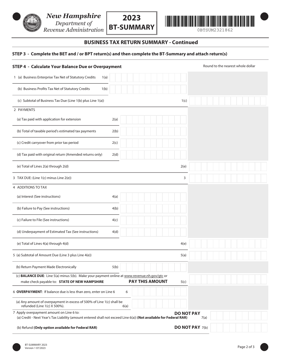 Form BT-SUMMARY Business Tax Return Summary - New Hampshire, Page 2