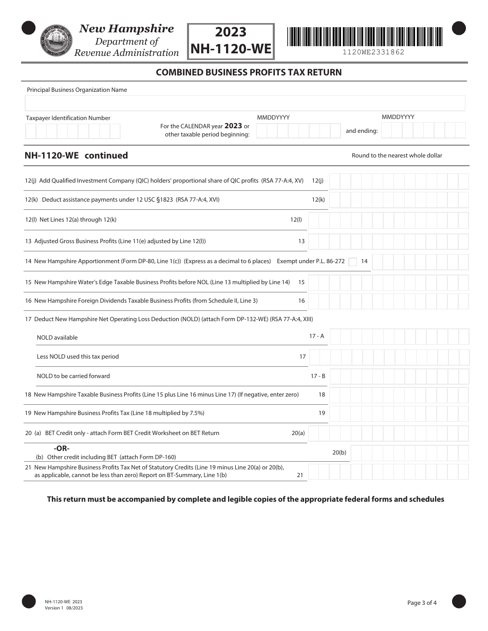 Form NH-1120-WE Combined Business Profits Tax Return - New Hampshire, Page 3
