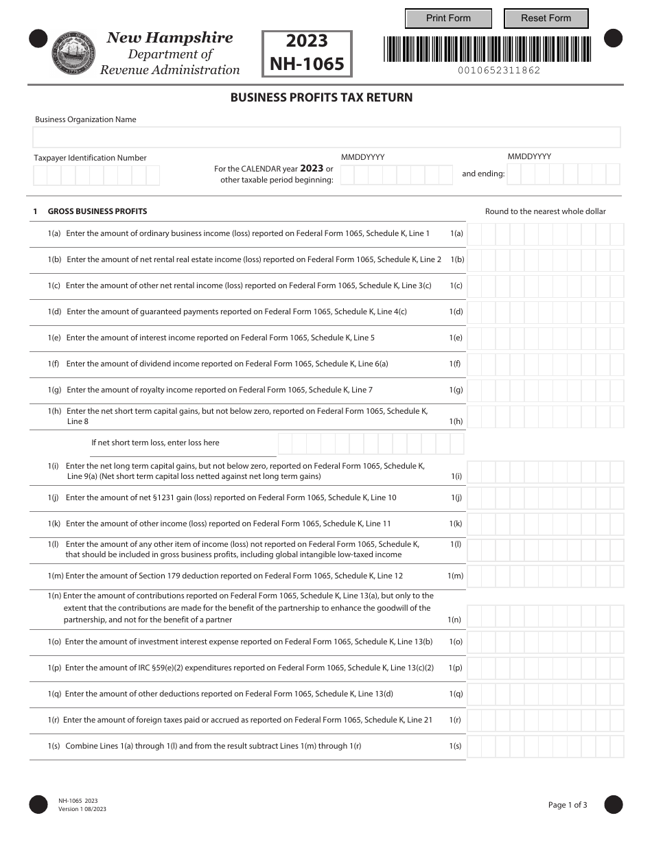 Form NH-1065 Business Profits Tax Return - New Hampshire, Page 1