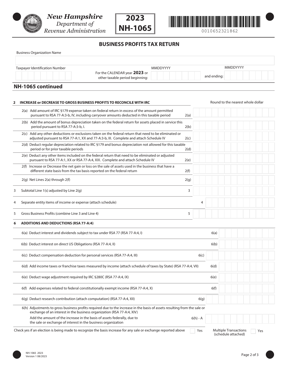 Form NH-1065 Download Fillable PDF or Fill Online Business Profits Tax ...