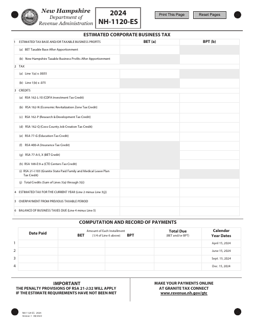 Form NH-1120-ES Estimated Corporate Business Tax - New Hampshire, 2024
