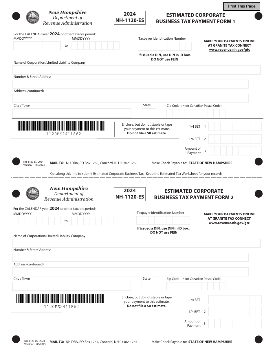 Form NH-1120-ES Estimated Corporate Business Tax - New Hampshire, Page 2