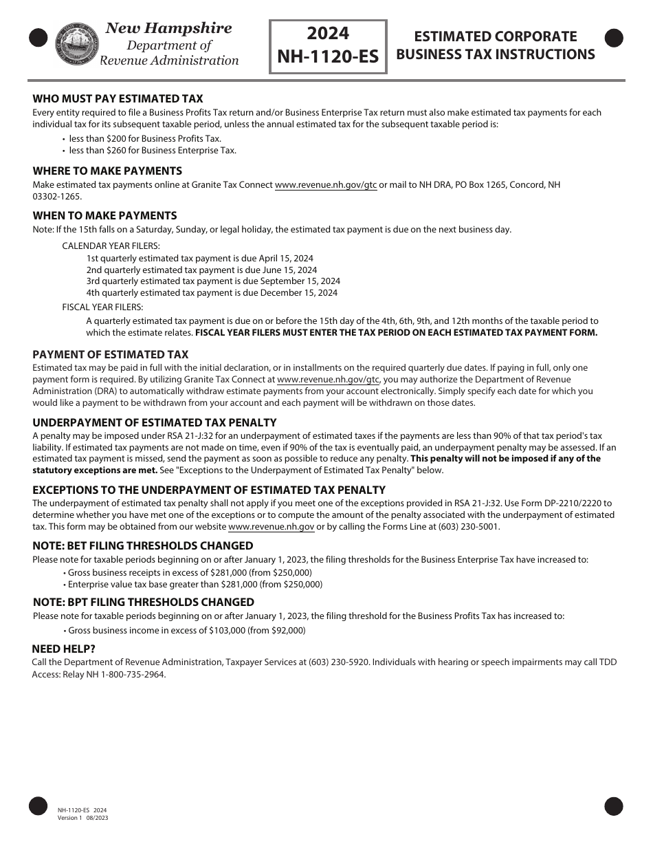 Form NH-1120-ES Estimated Corporate Business Tax - New Hampshire, Page 4
