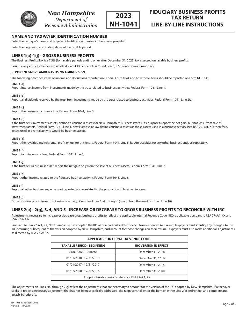 Instructions for Form NH-1041 Fiduciary Business Profits Tax Return - New Hampshire, Page 2