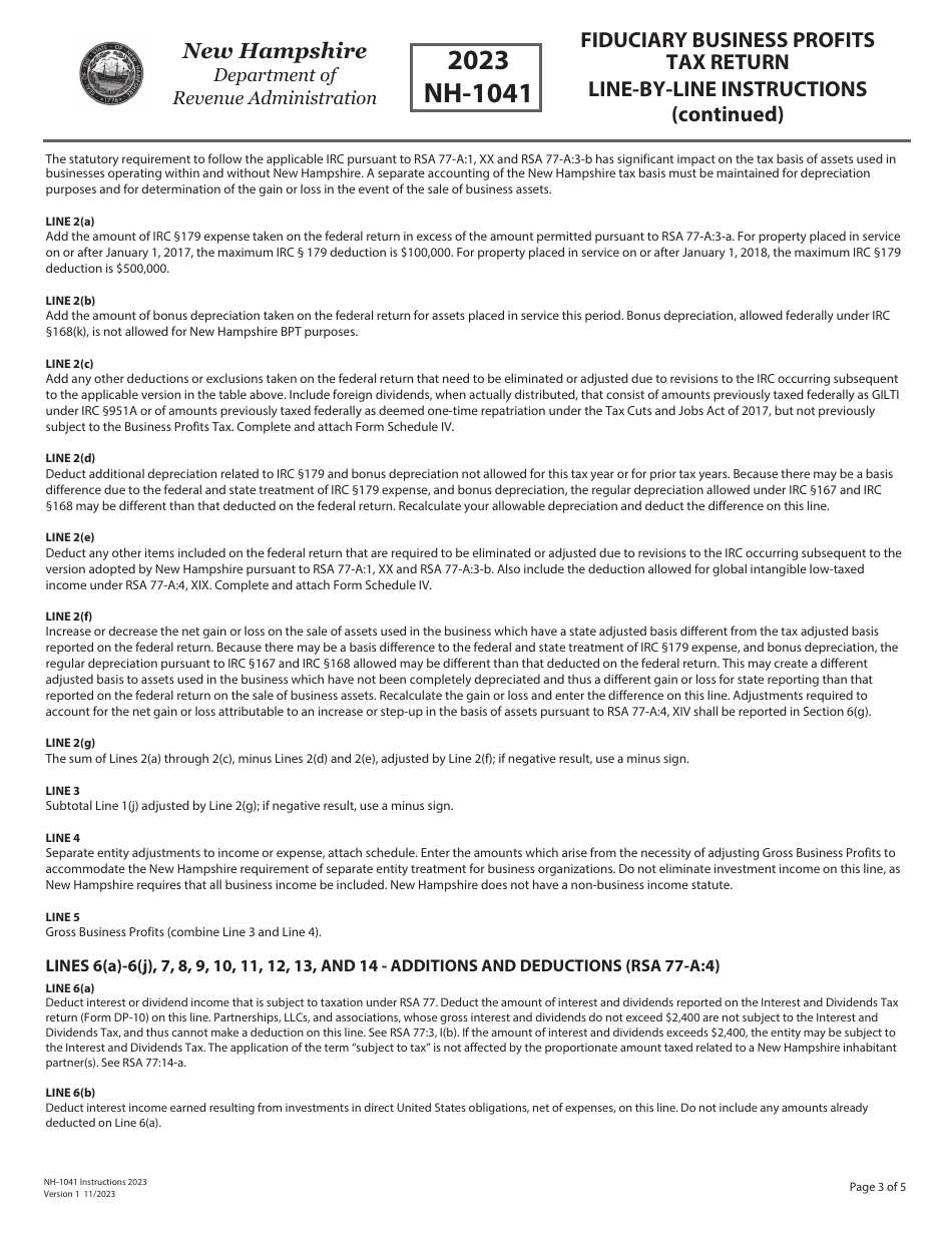 Instructions for Form NH-1041 Fiduciary Business Profits Tax Return - New Hampshire, Page 3