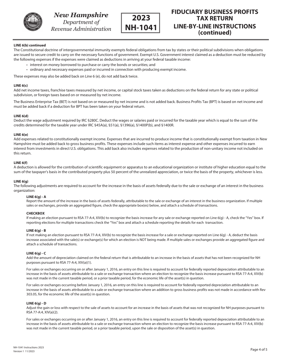 Instructions for Form NH-1041 Fiduciary Business Profits Tax Return - New Hampshire, Page 4