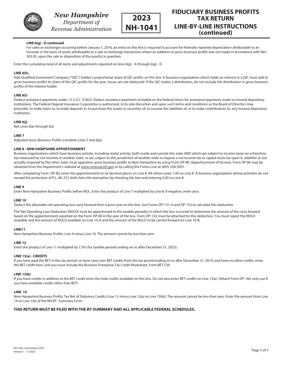 Instructions for Form NH-1041 Fiduciary Business Profits Tax Return - New Hampshire, Page 5