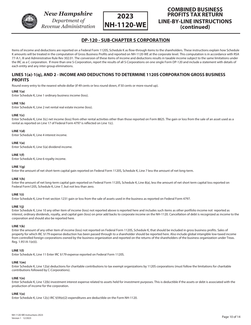 Instructions for Form NH-1120-WE Combined Business Profits Tax Return - New Hampshire, Page 10