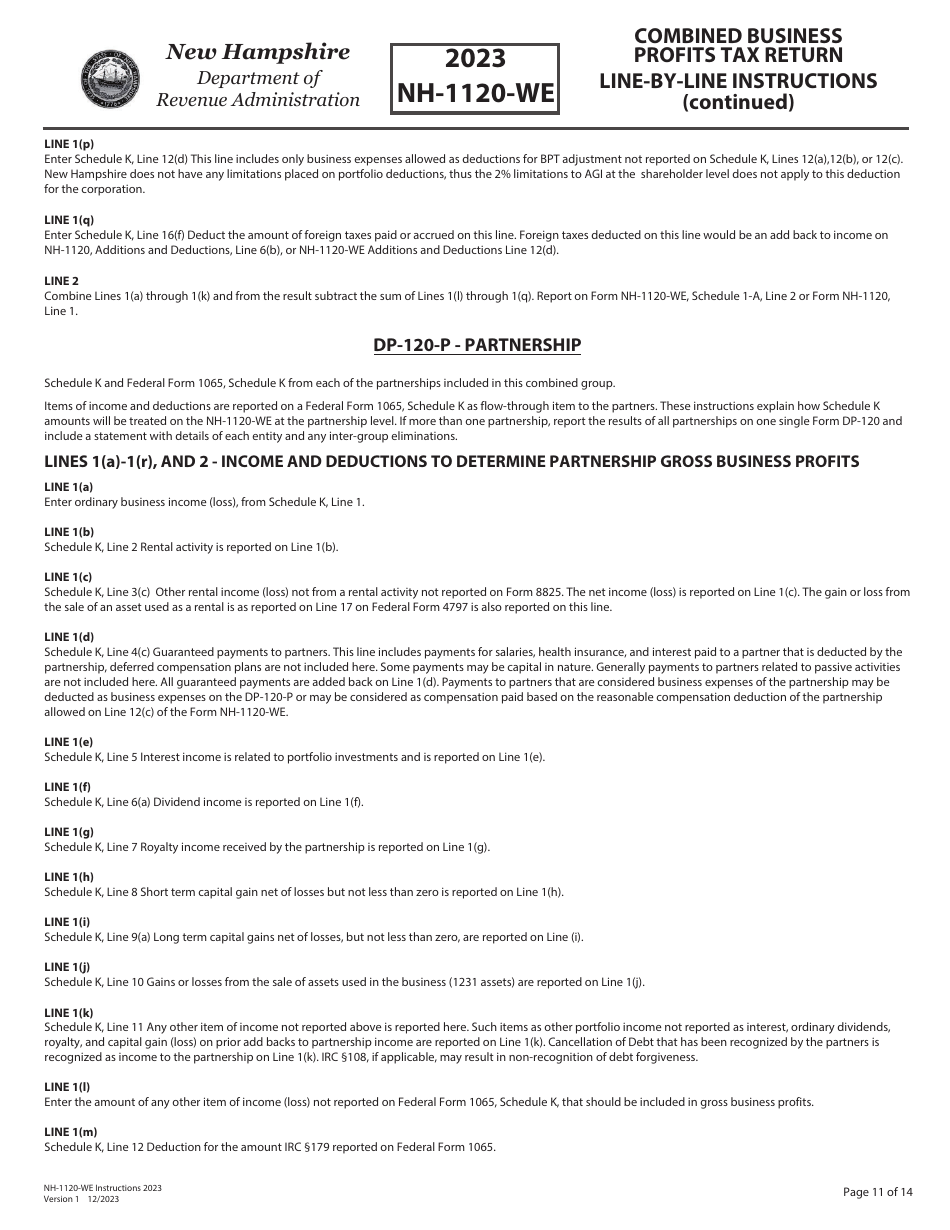 Instructions for Form NH-1120-WE Combined Business Profits Tax Return - New Hampshire, Page 11