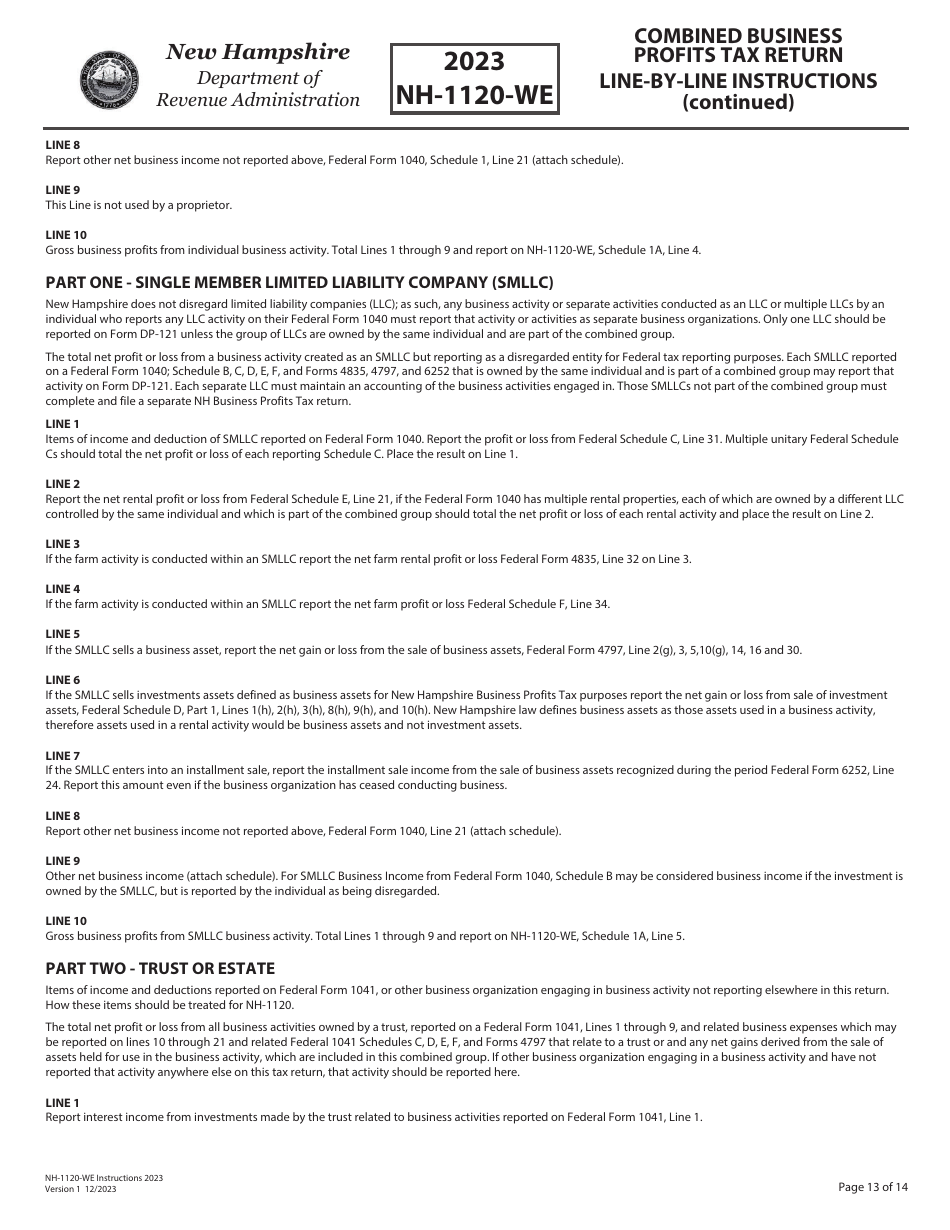 Instructions for Form NH-1120-WE Combined Business Profits Tax Return - New Hampshire, Page 13