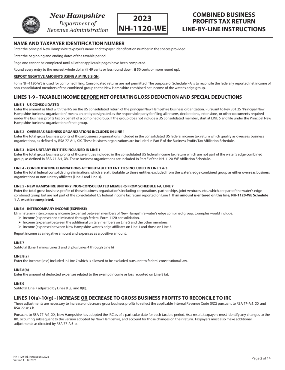 Instructions for Form NH-1120-WE Combined Business Profits Tax Return - New Hampshire, Page 2