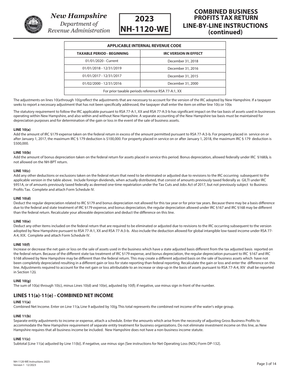 Instructions for Form NH-1120-WE Combined Business Profits Tax Return - New Hampshire, Page 3