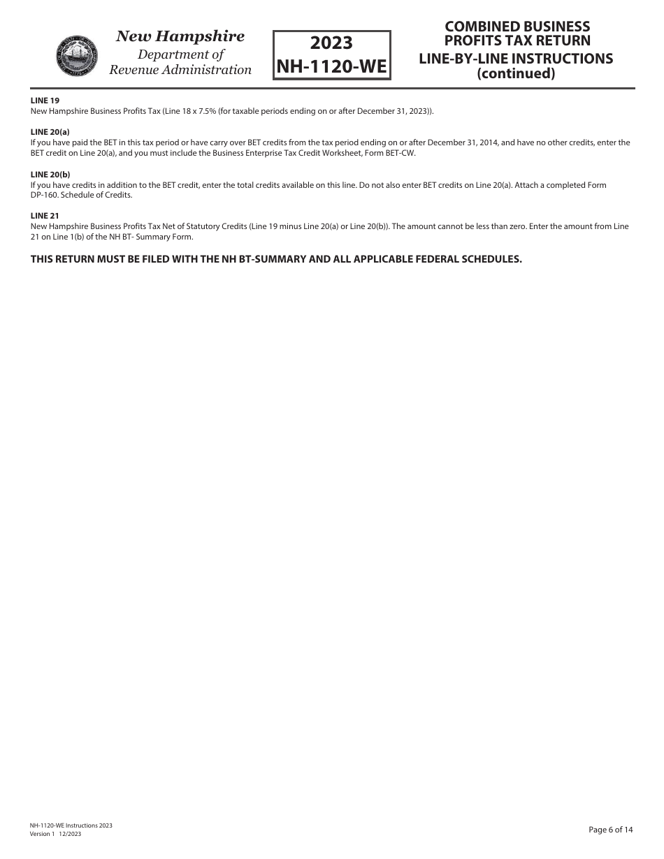 Instructions for Form NH-1120-WE Combined Business Profits Tax Return - New Hampshire, Page 6